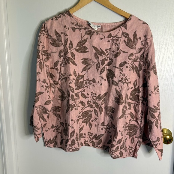 Hot Cotton Tops - Hot Cotton Pink and Brown Floral 100% Linen Blouse